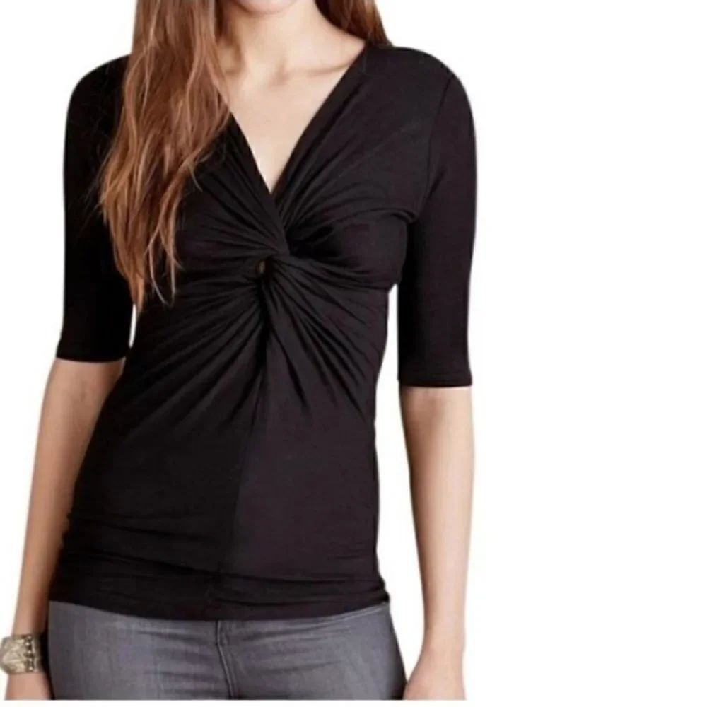 Anthropologie Deletta V Neck Wrap Top with Short Sleeves Sz XSMALL Black